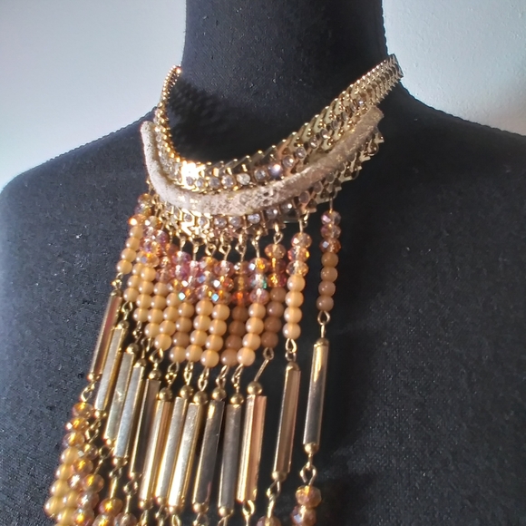Elegant Cleopatra Gold-Tone and Brown/Iridescent Beaded Necklace - Picture 3 of 11